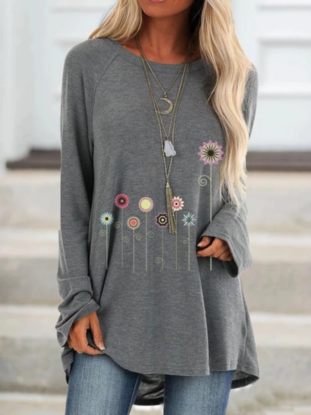 Woman Slightly Stretchy Casual Floral Crew Tops