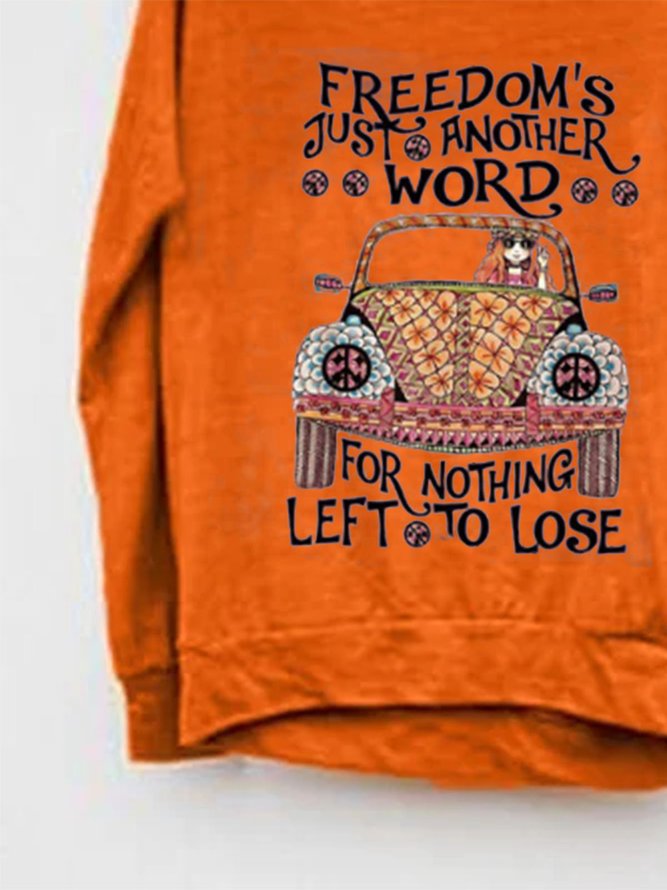 Orange Cotton Long Sleeve Crew Neck Casual Printed Sweatshirt for Women