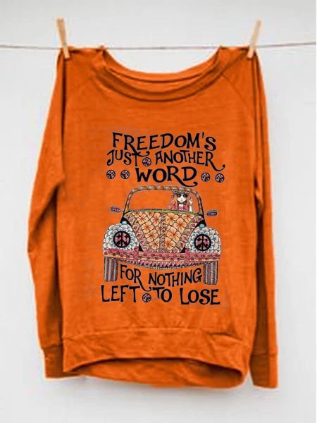 Orange Cotton Long Sleeve Crew Neck Casual Printed Sweatshirt for Women
