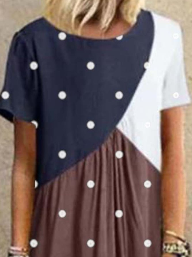 Coffee Round Neck Polka Dots Short Sleeve Knitting Dress