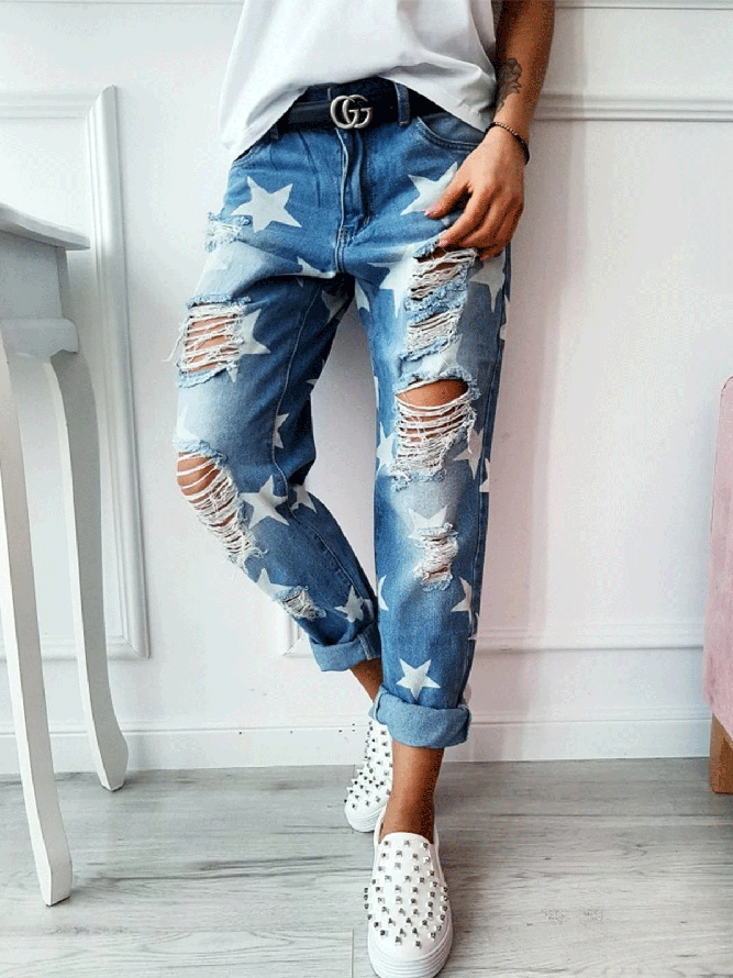 Casual Plus Size Star Ripped Distressed Denim Jeans Jeans