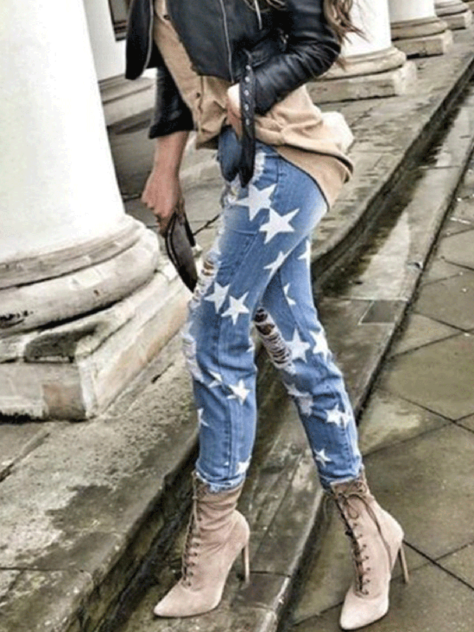 Casual Plus Size Star Ripped Distressed Denim Jeans Jeans