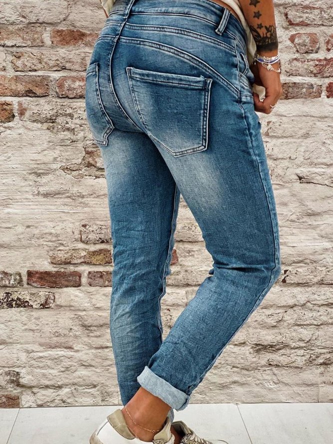 Blue Denim Simple Solid Pockets Jeans