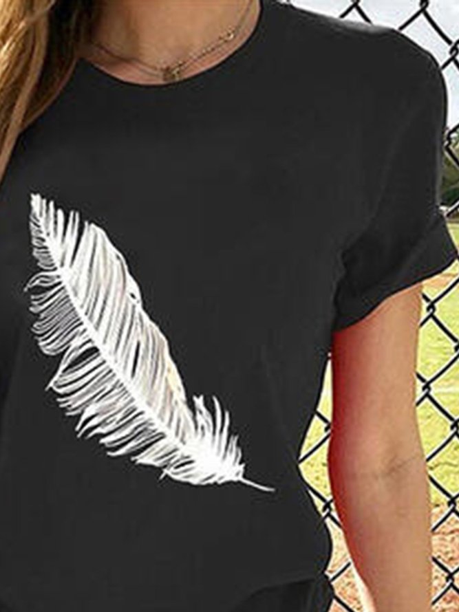 Black Shift Daily Feather Printed Crew Neck Casual T-shirt