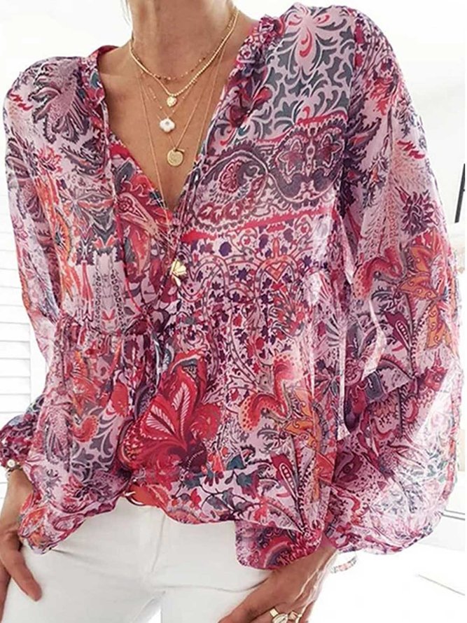 White Printed Long Sleeve Patchwork Blouse