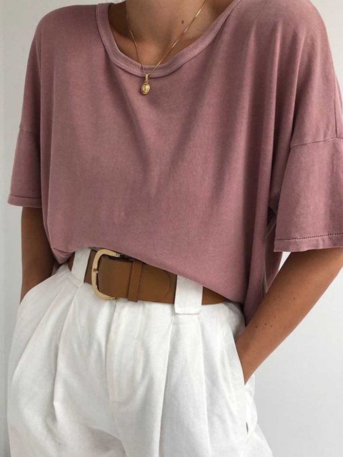 Deep Pink Short Sleeve Round Neck Cotton Solid T-shirt