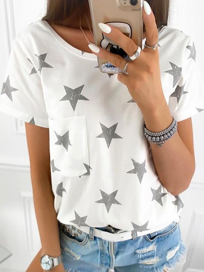 White Casual Star Pockets T-shirt