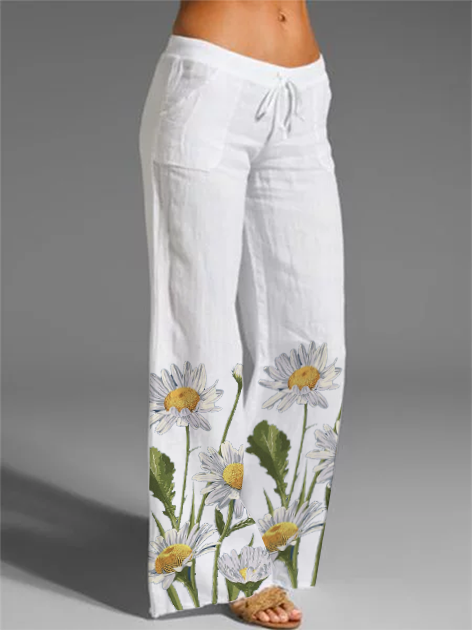 White Floral Holiday Cotton Pants