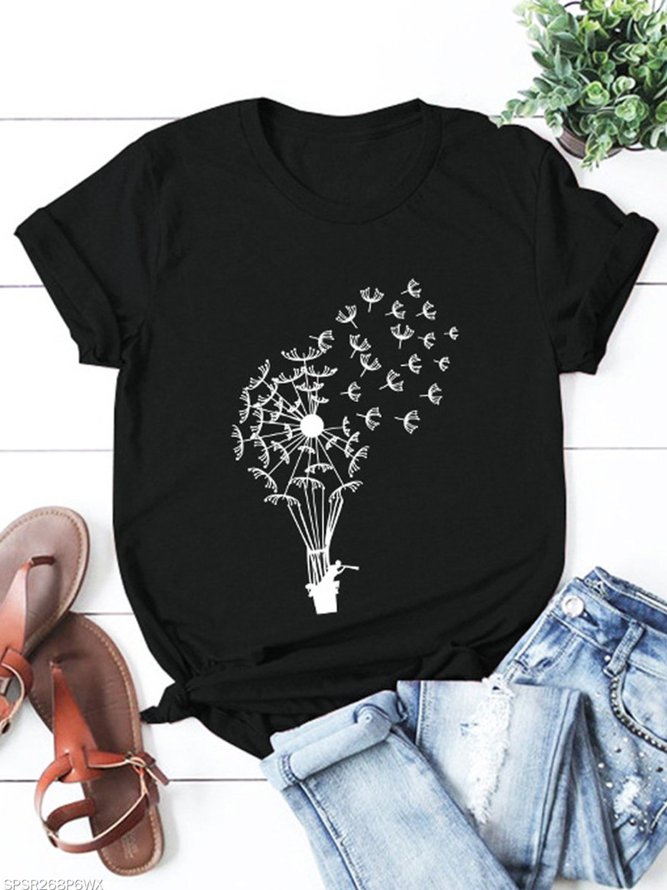 Black Floral-Print Round Neck Short Sleeve Casual T-shirt