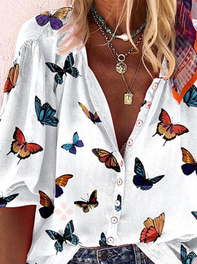 White Daily Casual Butterfly Printed Shift Cartoon Shirt Collar Shift Blouse