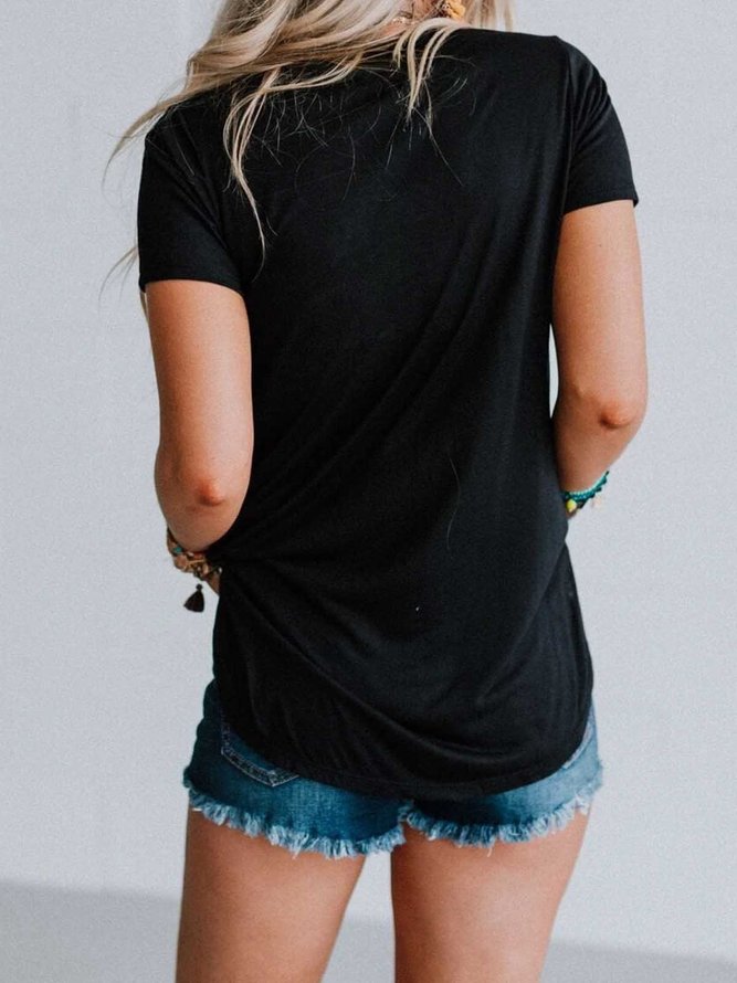 Black Solid Round Neck Short Sleeve Casual T-shirt