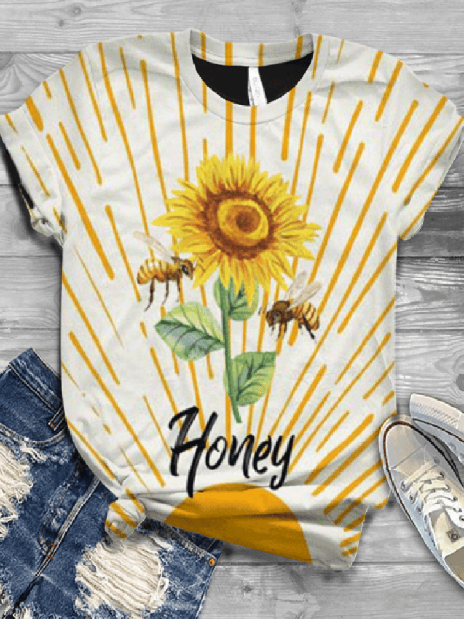 Women Short Sleeve Floral-Print Crew Neck Casual T-shirt