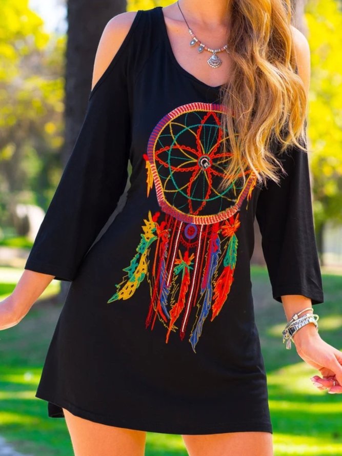 Casual 3/4 Sleeve Round Neck Printed Dress