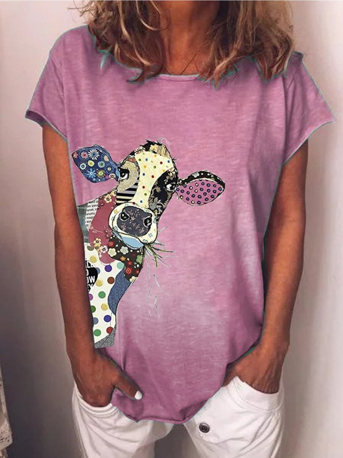 Zolucky Cotton Crew Neck Vintage Casual Plus Size Graphic Tees for Women