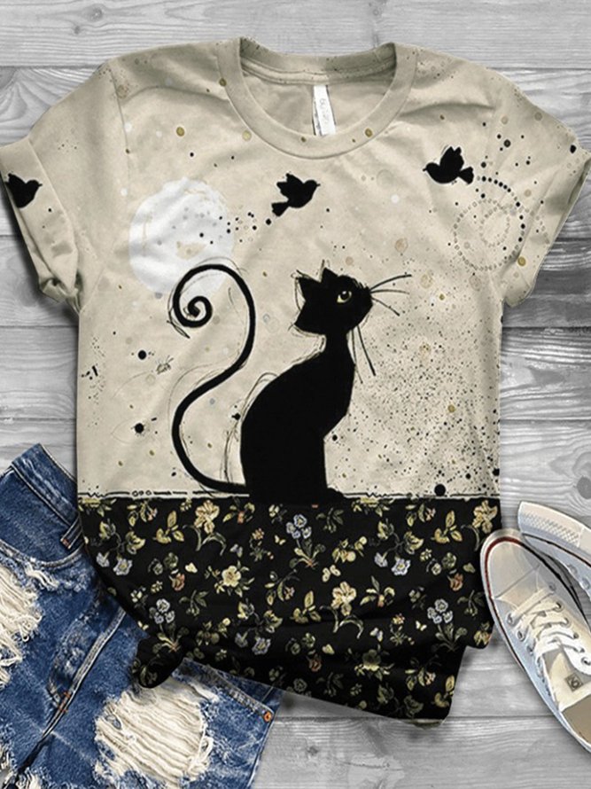 Women Plus Size Cat Printed Casual CottonBlend Vintage Tshirts zolucky
