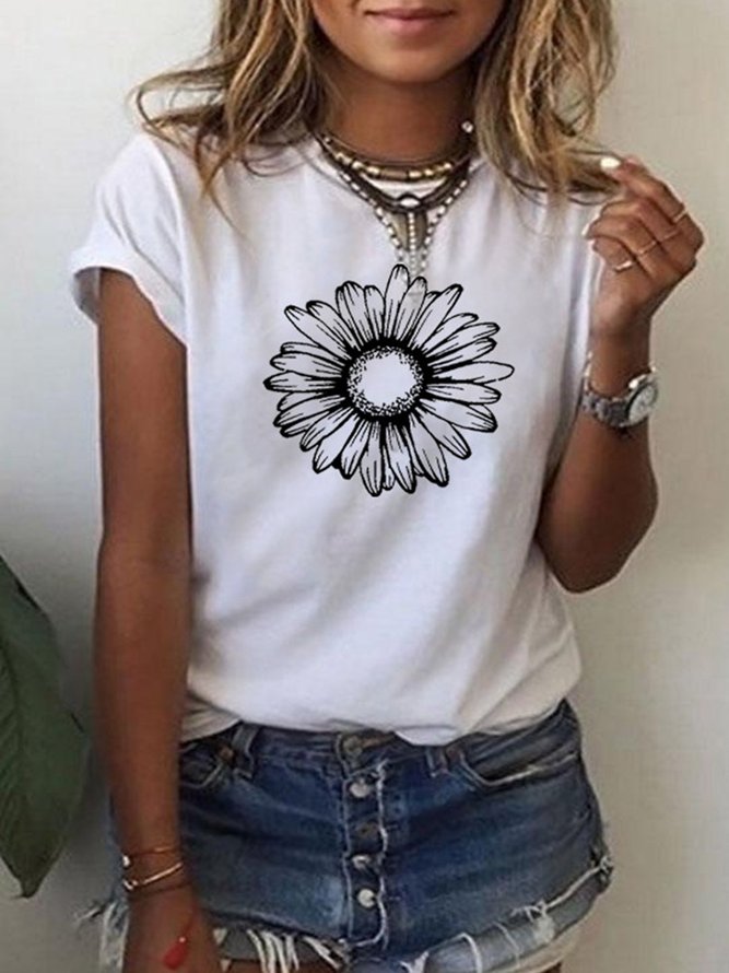 Vintage Short Sleeve Statement Daisy Floral Printed Crew Neck Plus Size Casual Tops