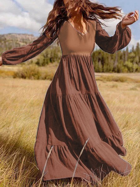 Vintage Plain Long Sleeve Casual Weaving Dress