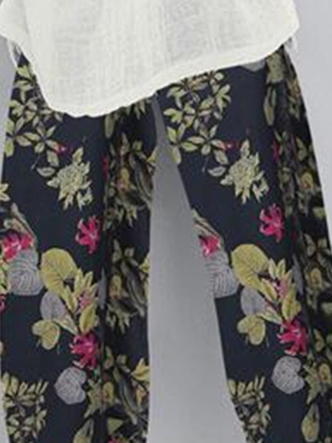 Blue Printed Cotton-Blend Casual Pants | Bottoms | Zolucky Women Pants Casual Blue Printed 