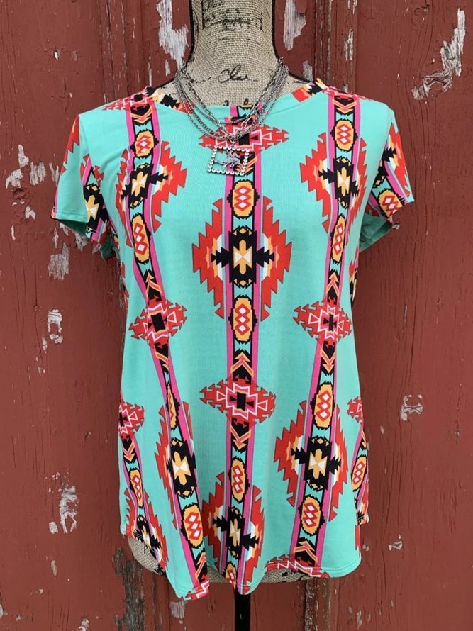 Green Printed Geometric Short Sleeve Tops