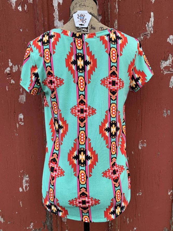 Green Printed Geometric Short Sleeve Tops
