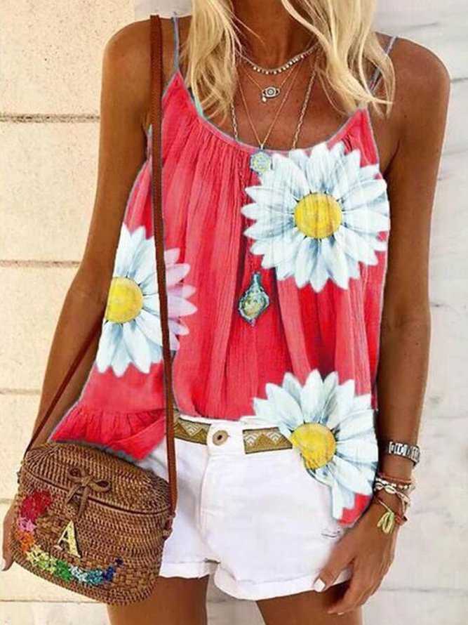 Women Sleeveless Boho Camisole Top Floral Printed Crew Neck Casual Tank Top for Women
