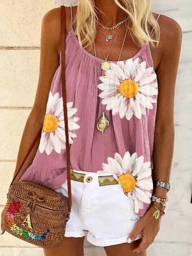 Women Sleeveless Boho Camisole Top Floral Printed Crew Neck Casual Tank Top for Women