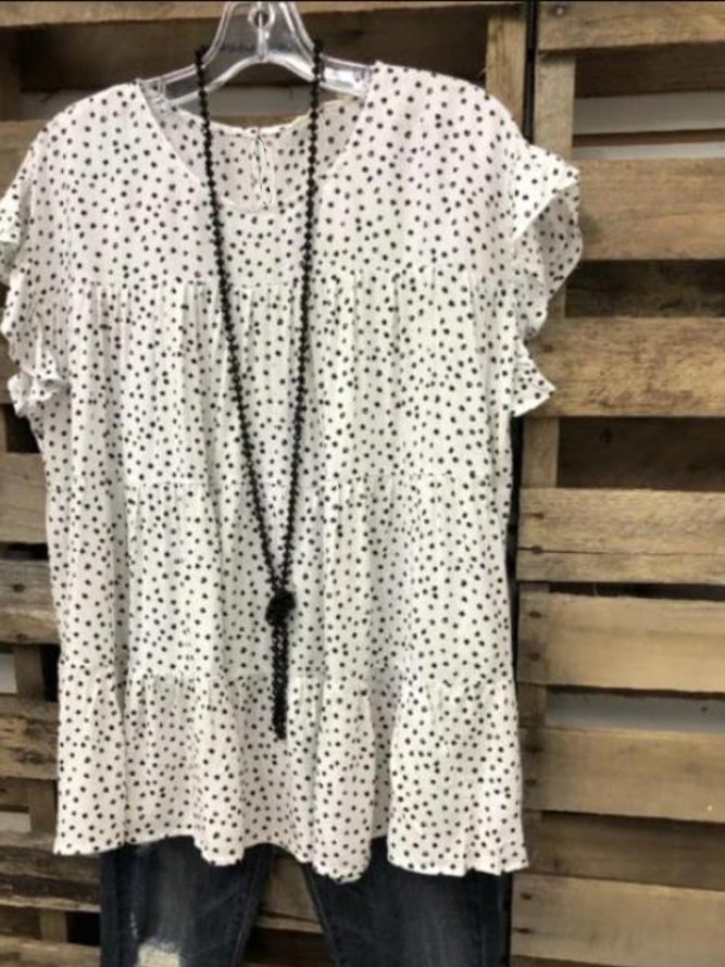 White Round Neck  Polka Dots Casual Tops
