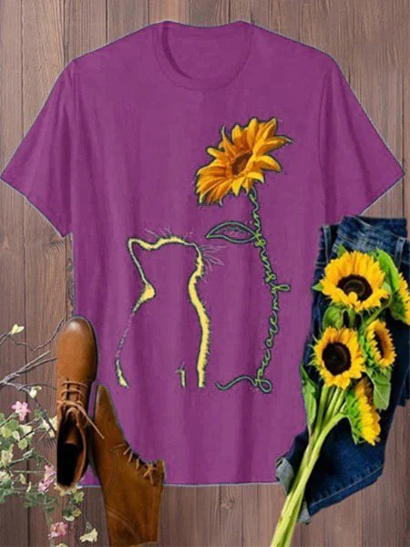 zolucky Vintage Cat And Sunflower Printed Short Sleeve Casual Top