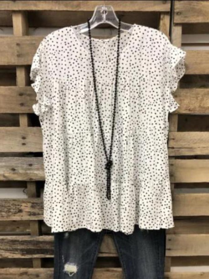 White Round Neck  Polka Dots Casual Tops