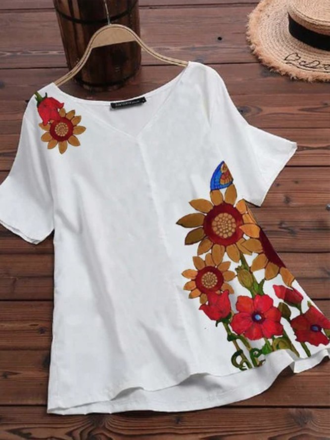 Short Sleeve Cotton-Blend Floral V Neck Top