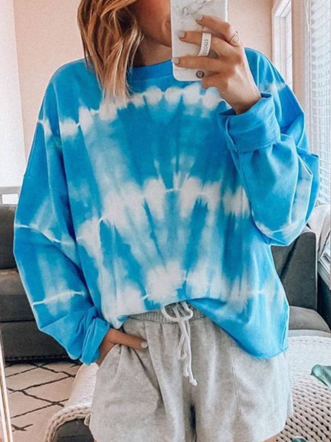 Ombre/Tie-Dye Casual Cotton-Blend Tops