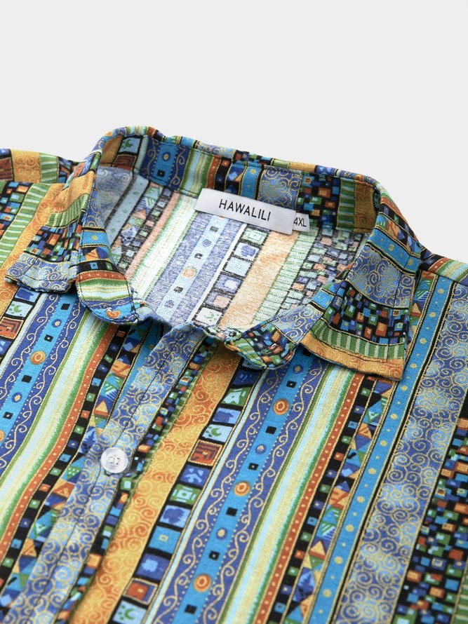 Summer Boho Casual Beach Geometric Printed Short Sleeve Men's Top & Shirt