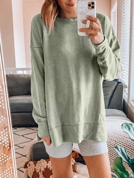 Gray Green Solid Casual Long Sleeve Sweatshirts for Women