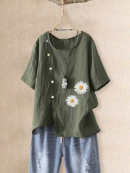 Floral-print Short Sleeve Casual Buttoned T-shirt