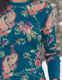 Printed Long Sleeve Knitted Crew Neck Sweater