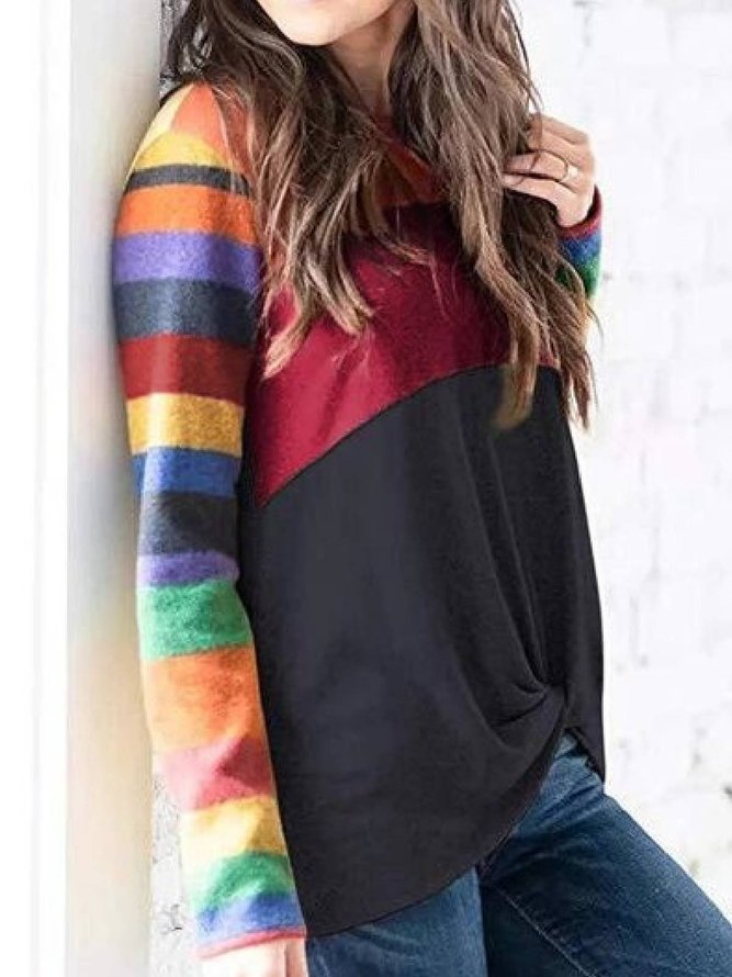 Multicolor Floral-Print Crew Neck Stripes Casual Top