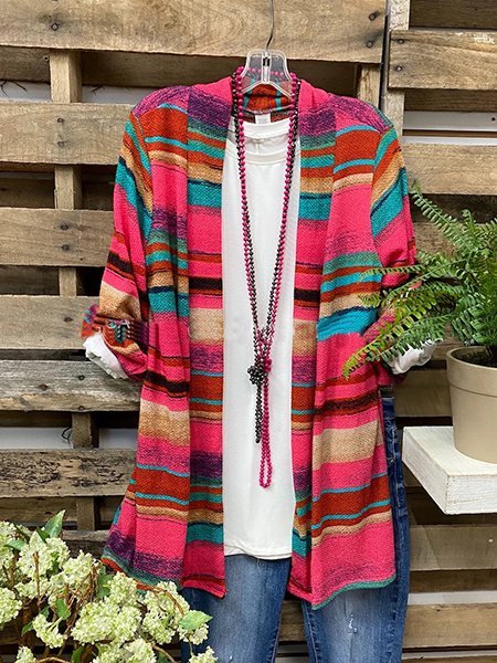 Rose Red Long Sleeve Cotton Stripes Shift Cardigan