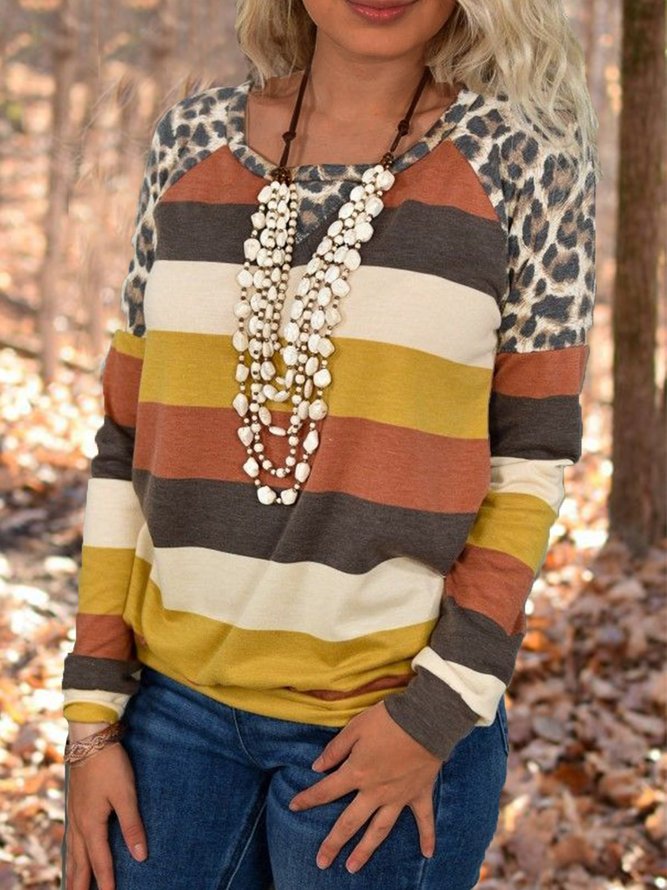 Multicolor Leopard Crew Neck Casual T-shirt