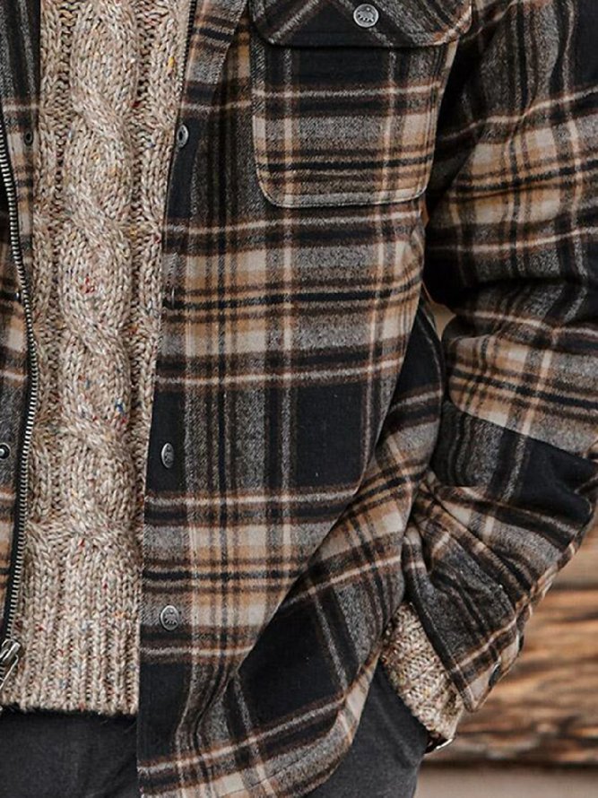 Khaki Plaid Casual Printed CottonBlend Outerwear zolucky