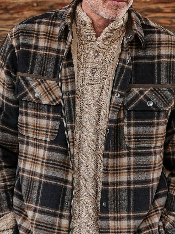 Khaki Plaid Casual Printed CottonBlend Outerwear zolucky