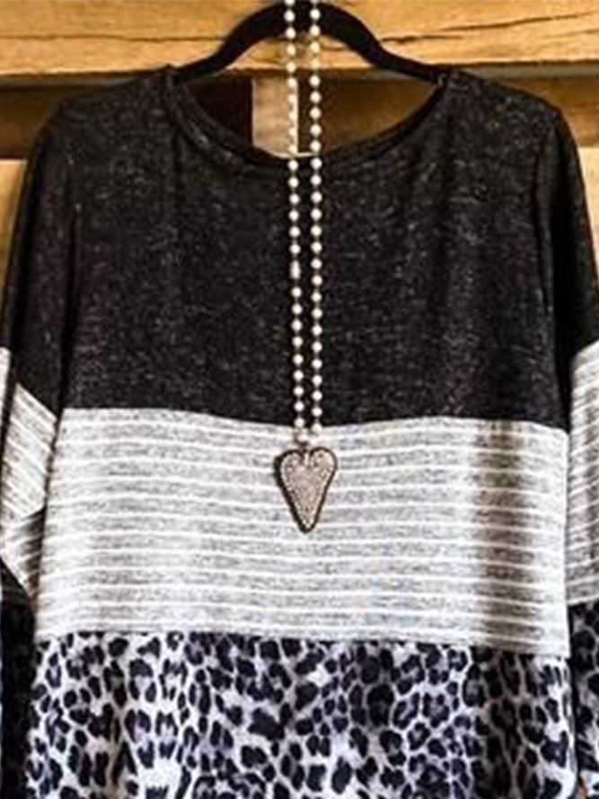 Vintage Long Sleeve Statement Leopard Striped Printed Crew Neck Plus Size Casual Tops