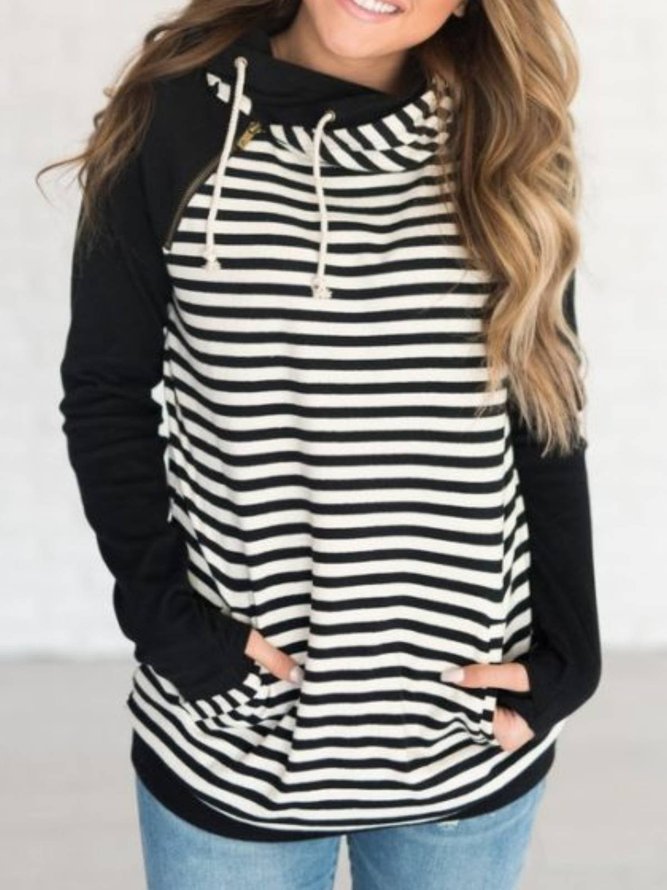 Black Hoodie Stripes Long Sleeve Paneled Sweatshirt