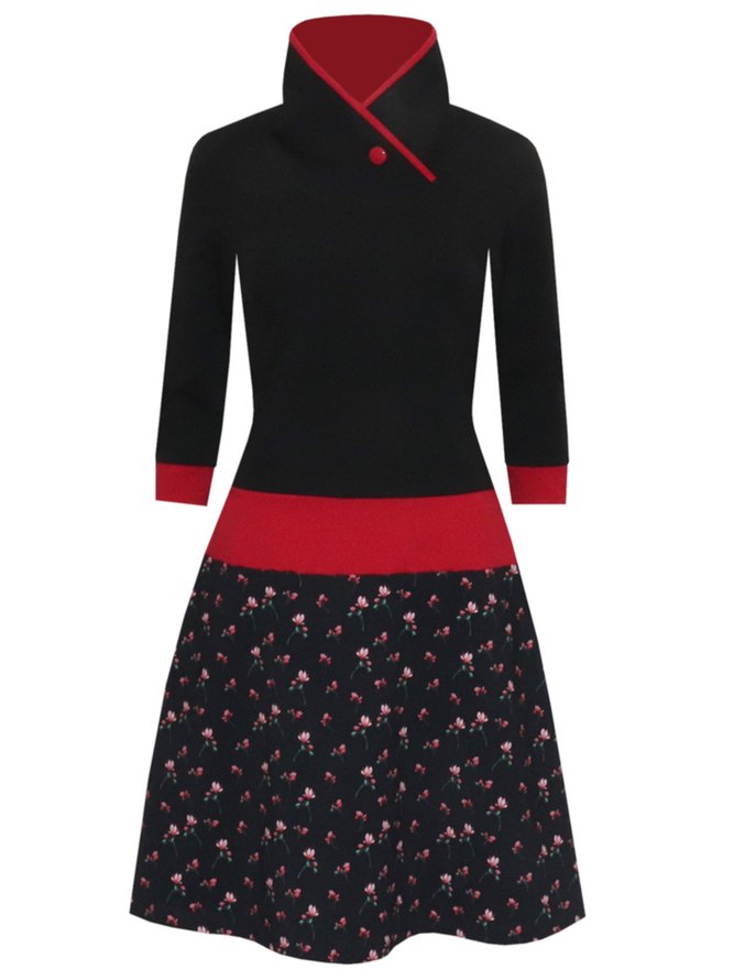 Cotton-Blend Long Sleeve Floral-Print Casual Knitting Dress