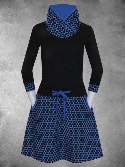 Vintage Long Sleeve Statement Polka Dots Printed Plus Size Casual Knitting Dress