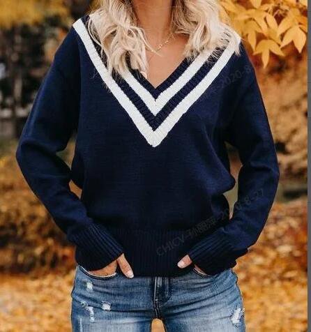 Deep Blue Casual Knitted Color-Block Long Sleeve Sweater
