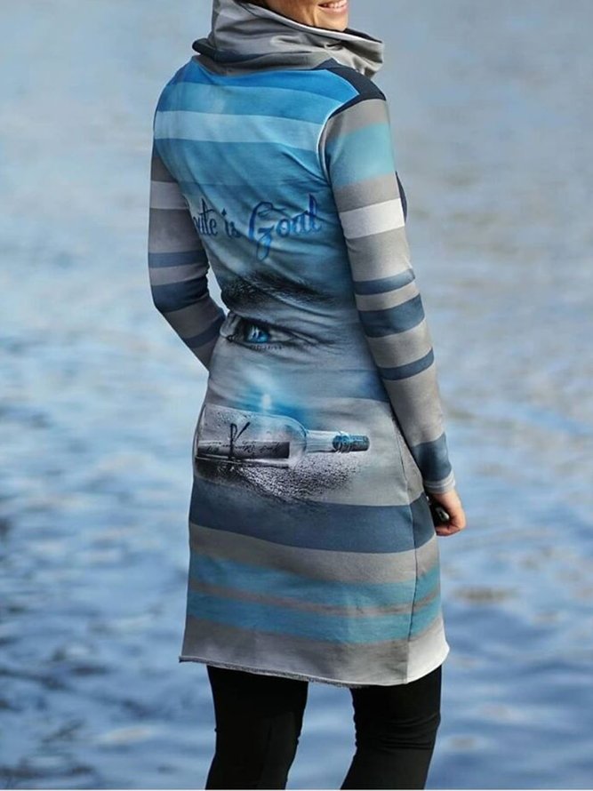 Blue Printed Long Sleeve Knitting Dress