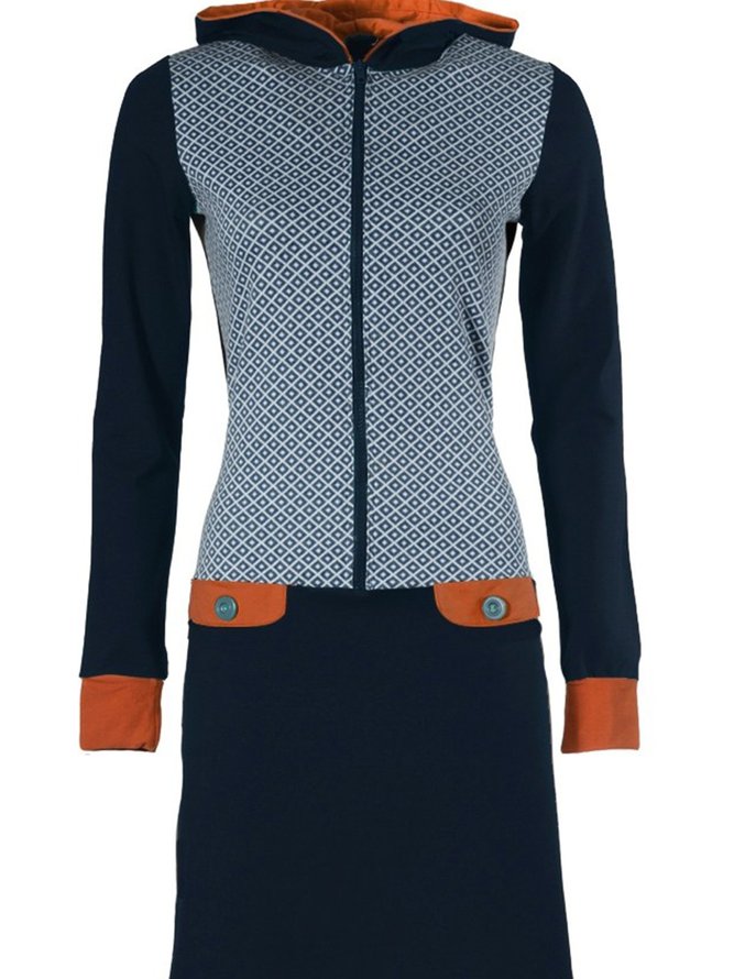 Gray Blue Long Sleeve Drawstring Casual Hoodie Knitting Dress