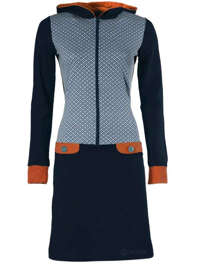 Gray Blue Long Sleeve Drawstring Casual Hoodie Knitting Dress