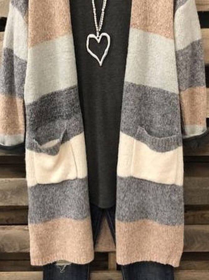 Multicolor Casual Color-Block Cotton-Blend Knit coat