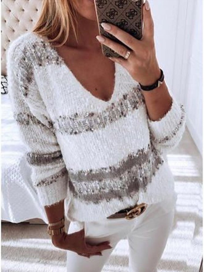 Large size White Long Sleeve Cotton-Blend V Neck Sweater